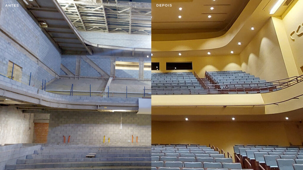 Imagem do Antes e do Depois da obra feita pela Artesana Engenharia no Teatro Cultura Artistica