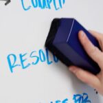 foto uma mão segura um apagador de lousa sobre o quadro branco que é a Superfície de Escrita da Ceramicsteel, onde está escrito algumas palavras escritas em azul